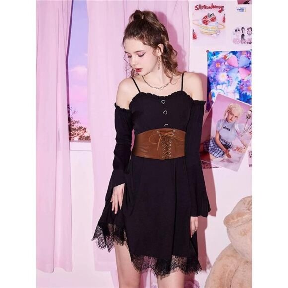 Tan Brown Faux Leather Corset Lace Up Elastic Waistband Cincher‎ Belt Girdle - Picture 3 of 4